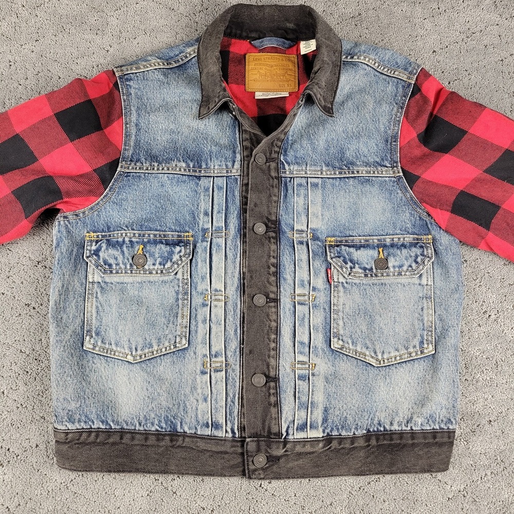 Levis Jacket Adult XS Blue Flannel Premium Button Front Trucker Denim Pockets